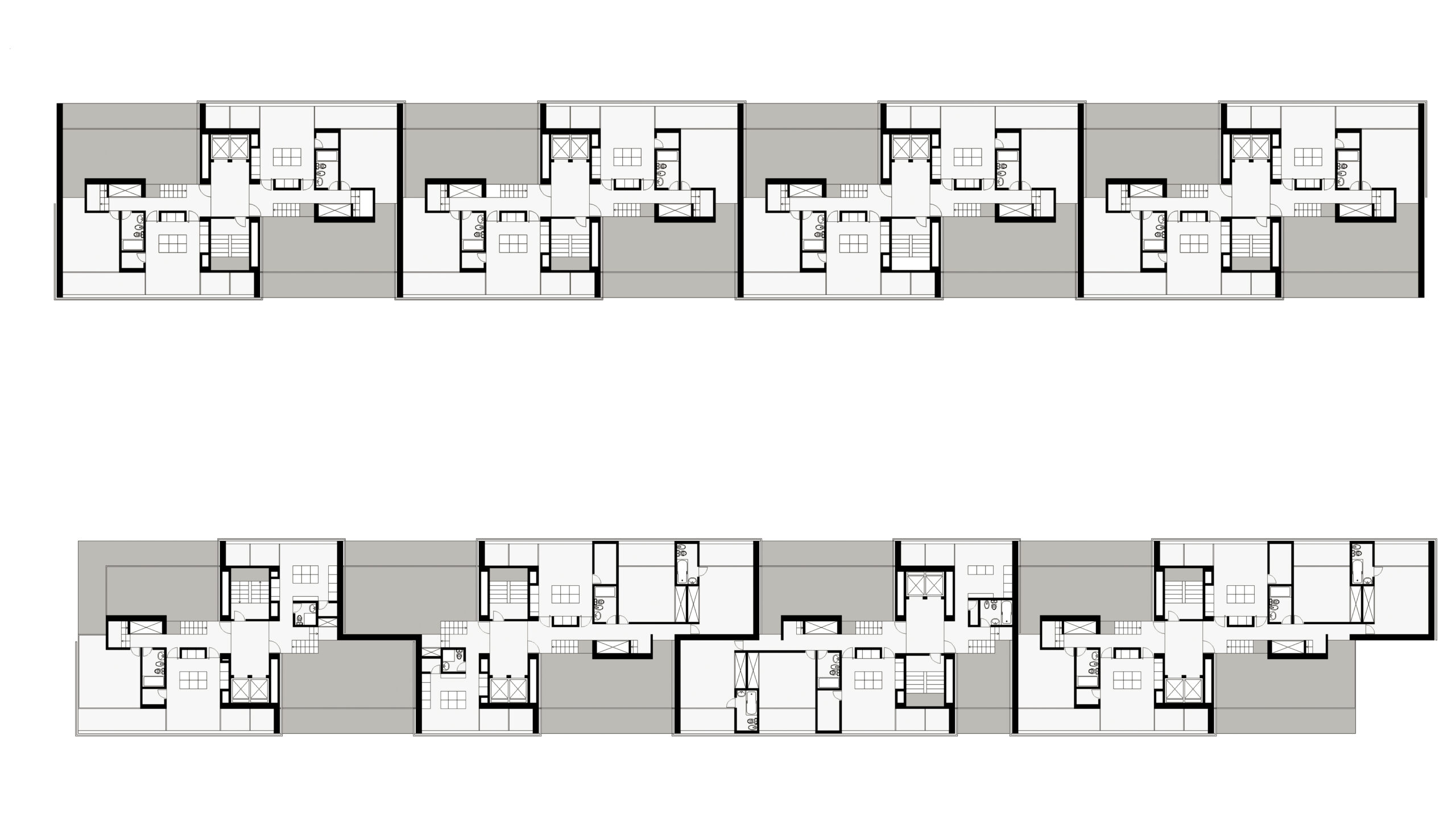 Apartment floor plan showing the entrance and living level, and upper bedroom, Av. Estados Unidos da América housing project