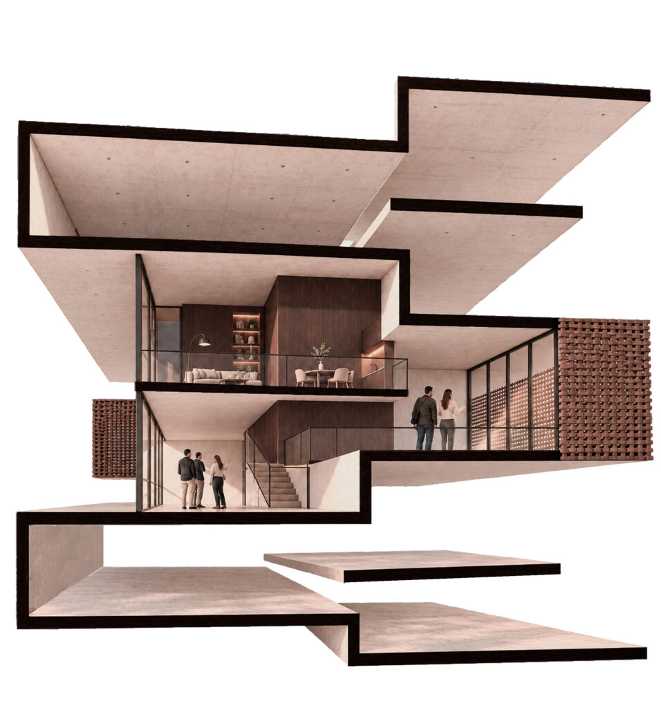 Sectional perspective illustrating the split-level apartment organisation at Av. Estados Unidos da América, Lisbon