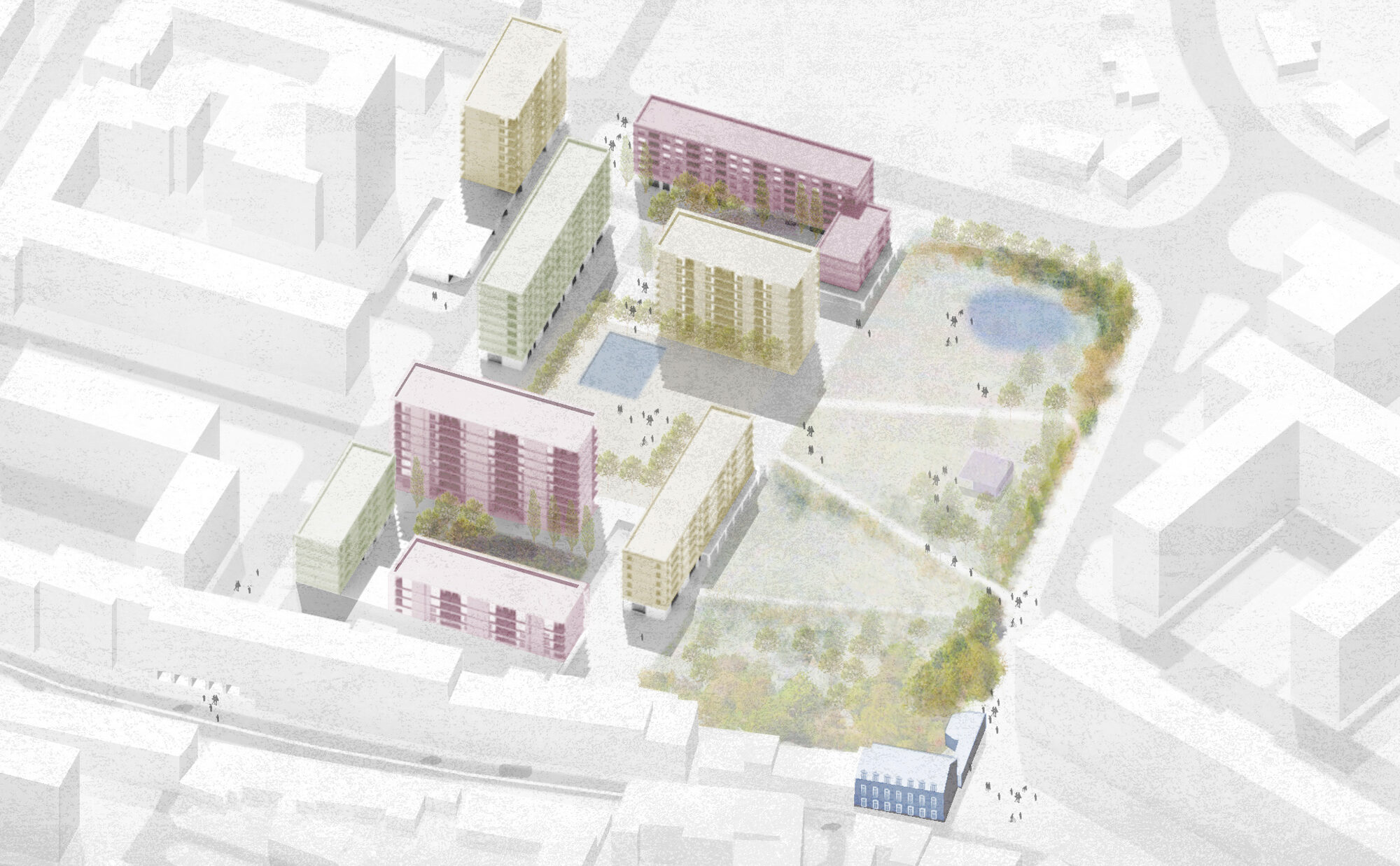 Axonometric view of the Baldaya masterplan with housing, public space and gardens