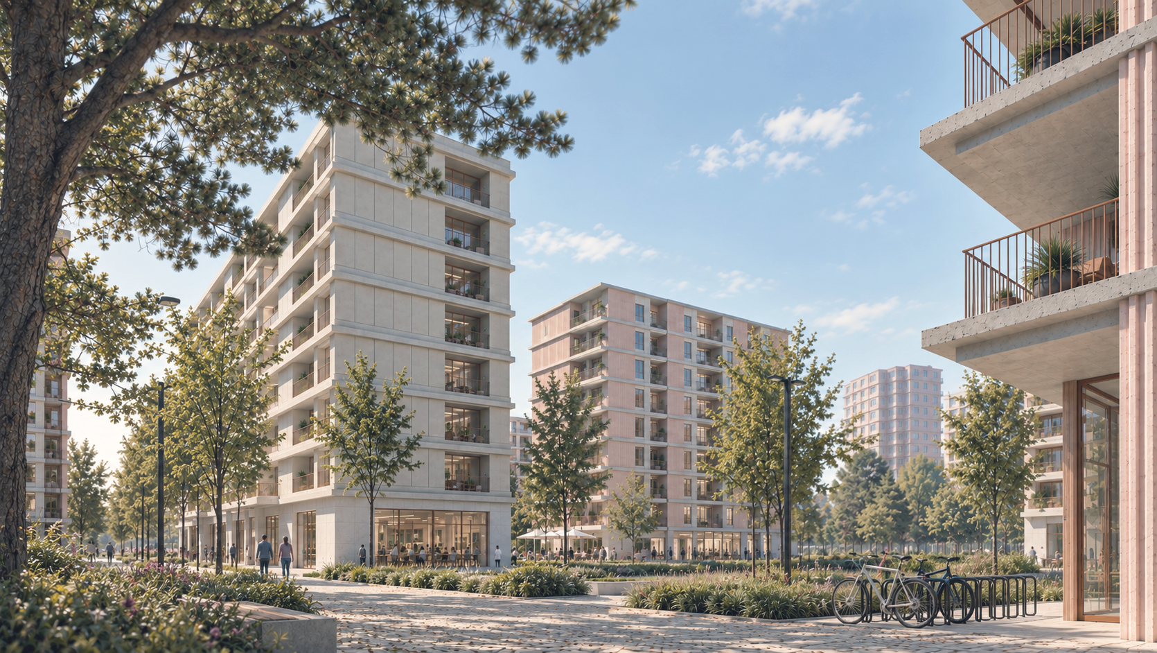 Residential buildings and landscaped public space at Baldaya, Lisbon