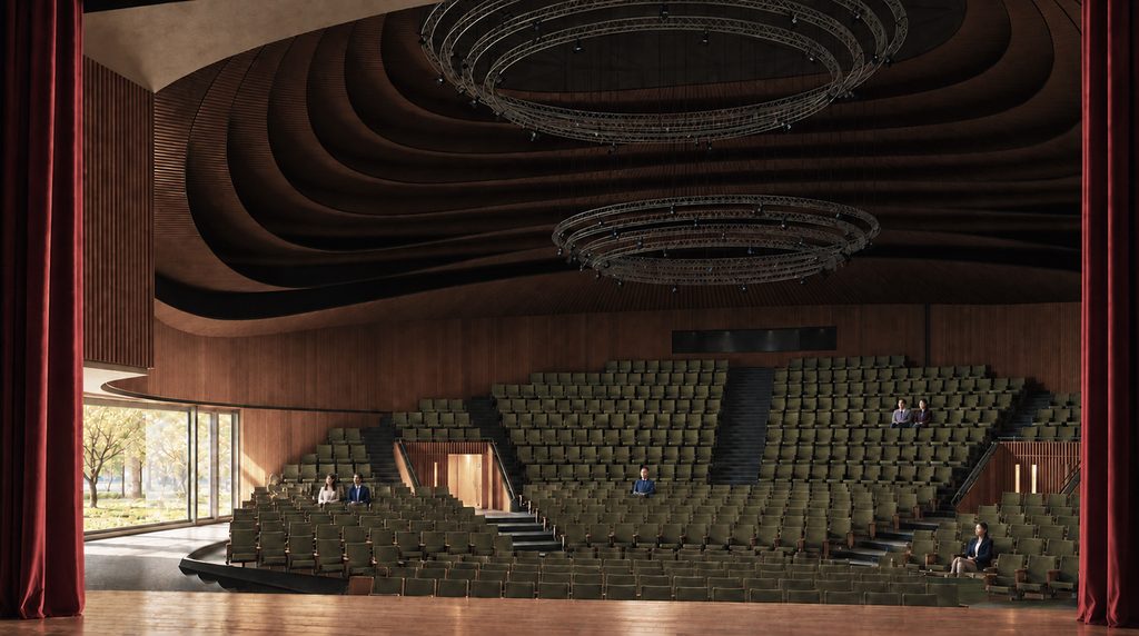 Auditorium interior showing the flexible stage and seating arrangement at Loures Cultural Centre