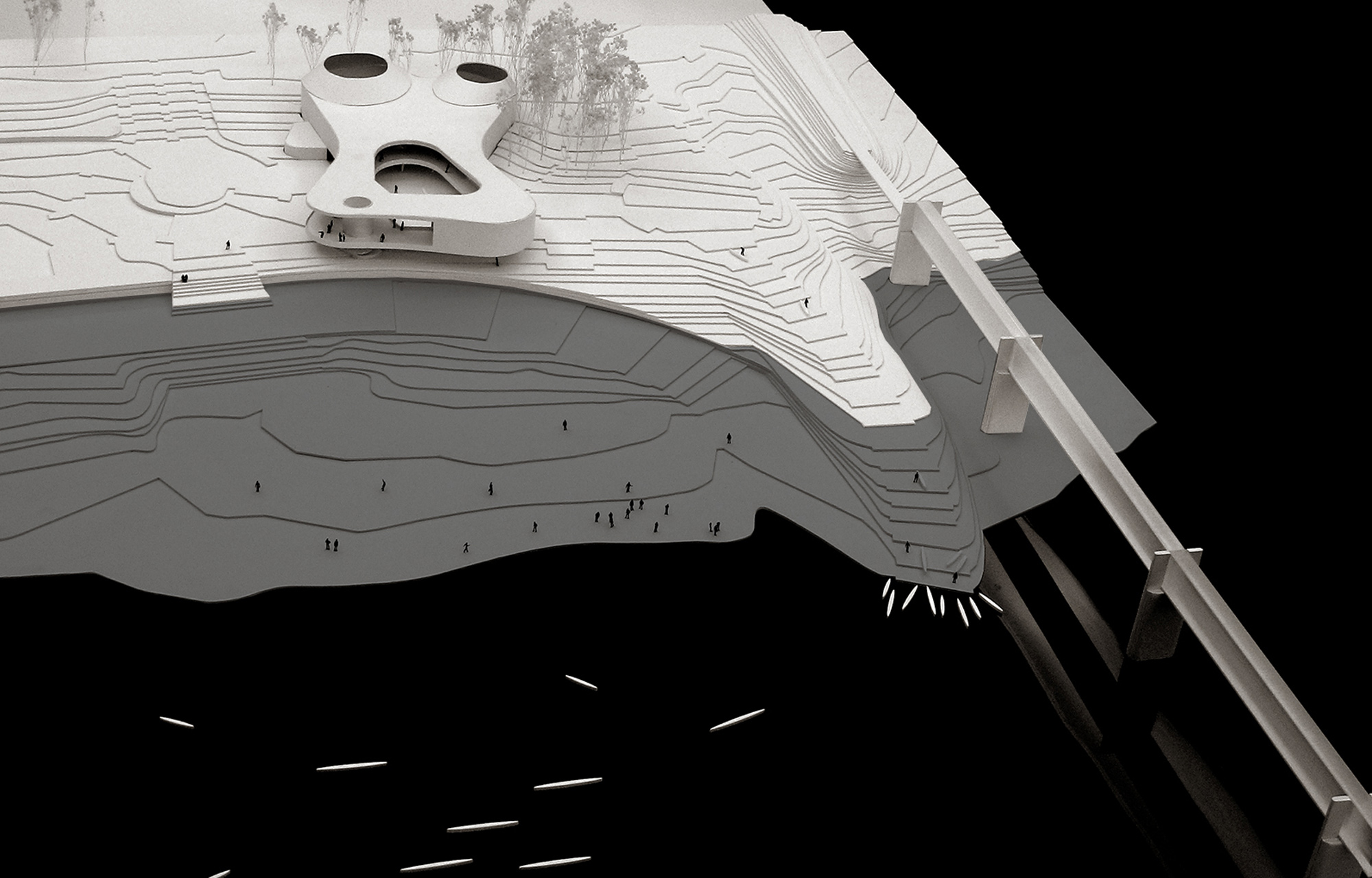 Topographic model showing the Boathouse integrated into the riverbank landscape