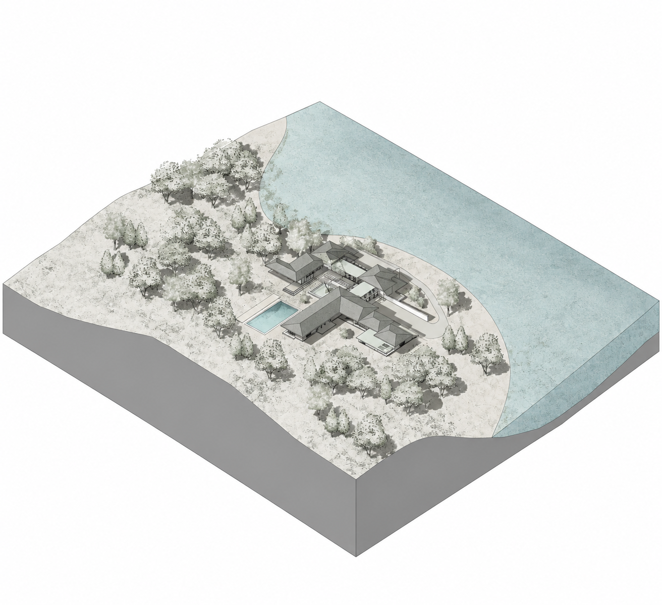 Axonometric view of the Lake House within the eucalyptus grove and reservoir landscape, Portimão