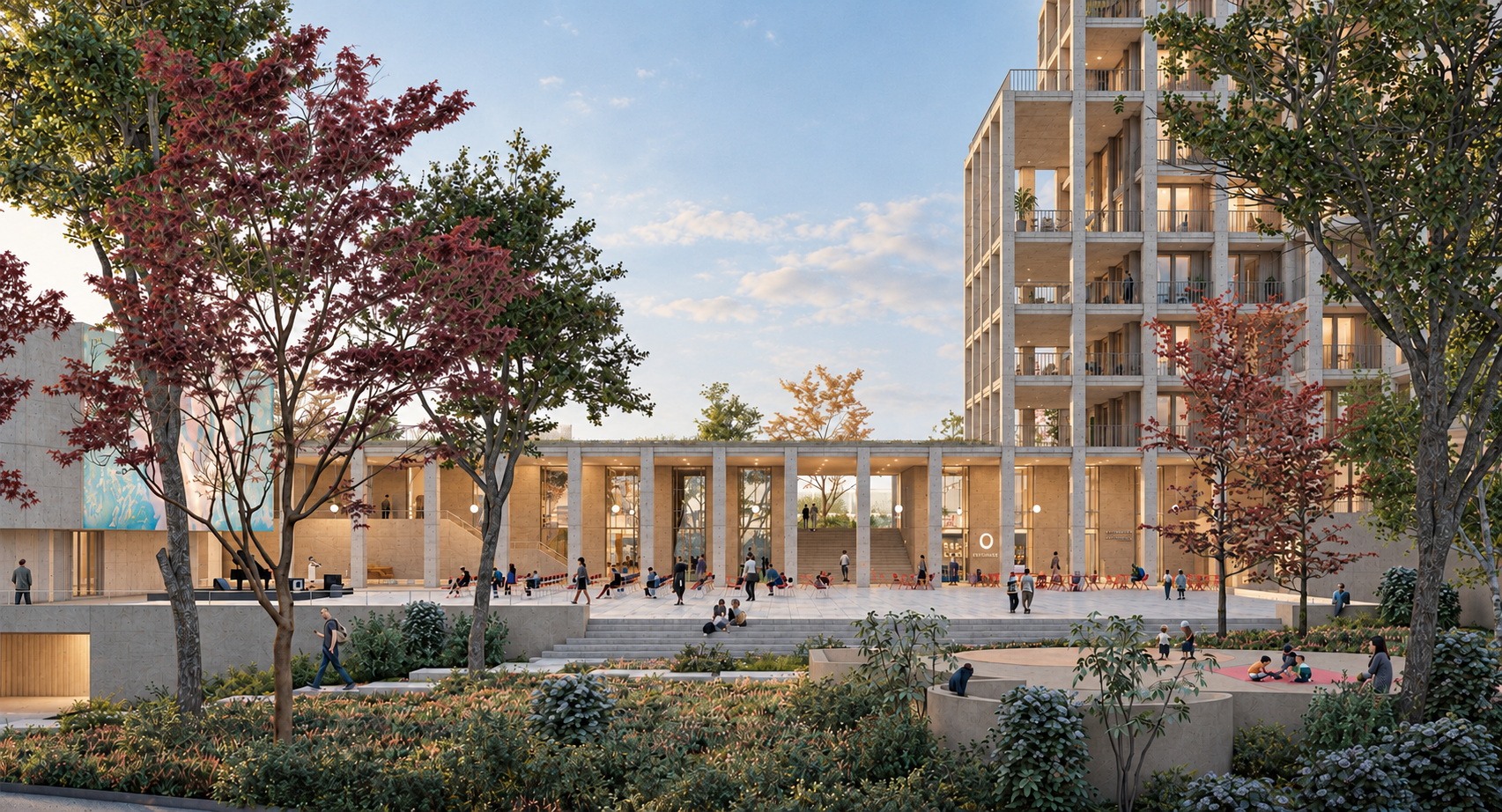 Public square, landscaped garden and residential tower at Lusíadas Collective Housing, Oeiras