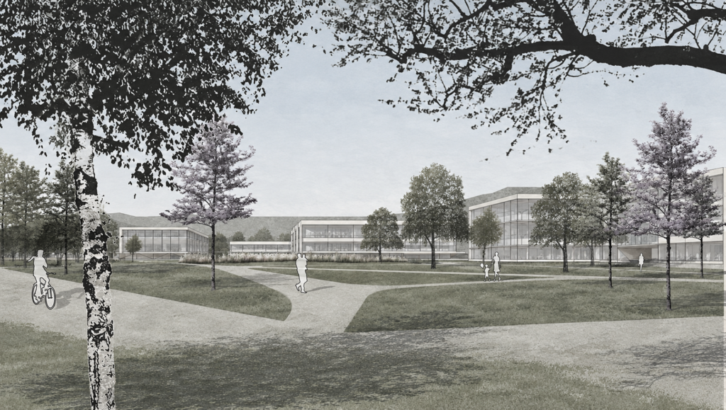 View across the landscaped urban park towards Vernier High School