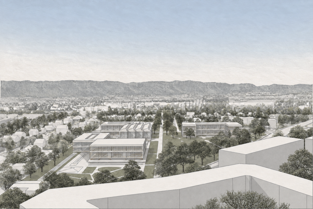 Aerial view of Vernier High School and Urban Park within the surrounding urban landscape