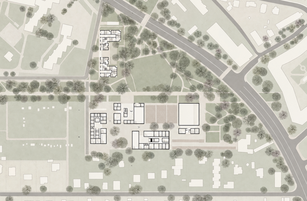 Site plan of Vernier High School and Urban Park showing buildings, landscape and pedestrian connections