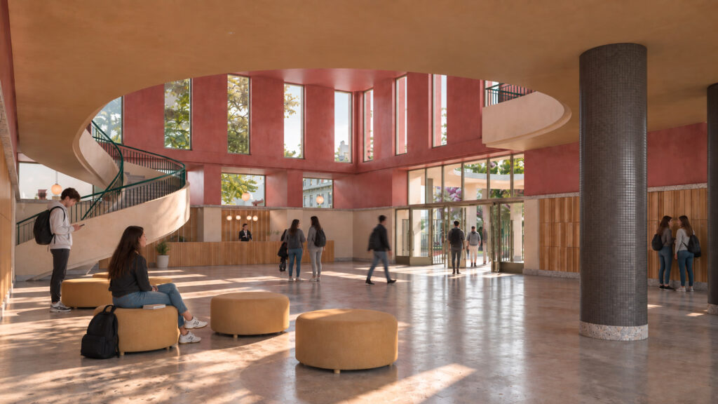 Interior communal area with red architectural elements at Luísa de Gusmão School