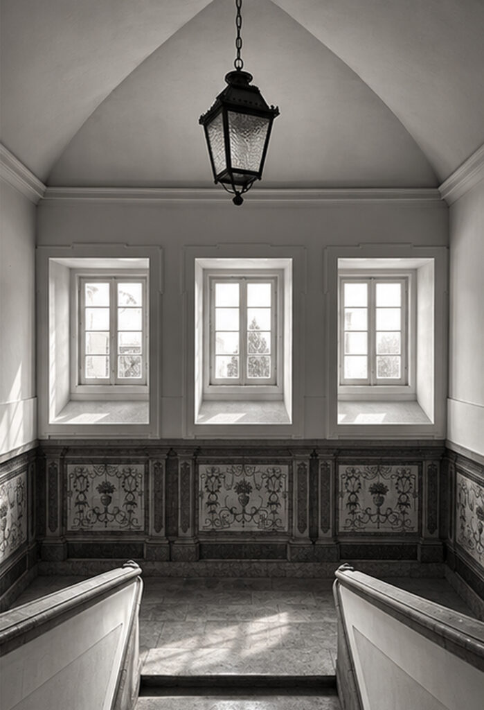 Restoration proposal for an interior with windows, wooden panelling and hanging lantern at Nossa Senhora da Estrela Convent