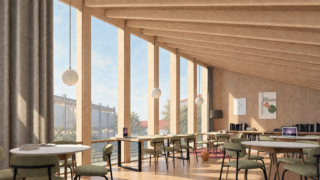 Communal dining and study space at the Fábrica da Pólvora Student Residences