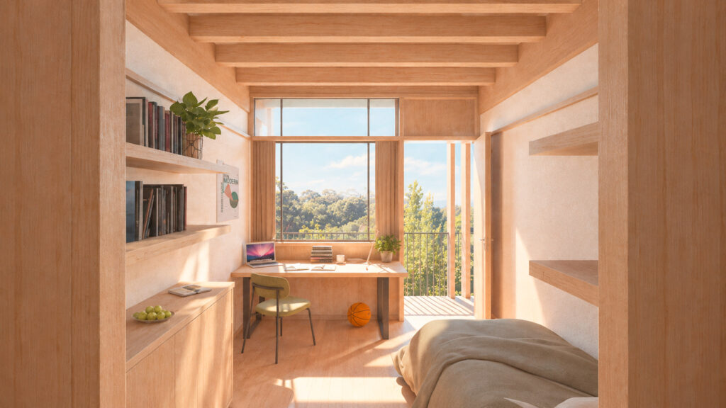 Student room interior at the Fábrica da Pólvora Student Residences