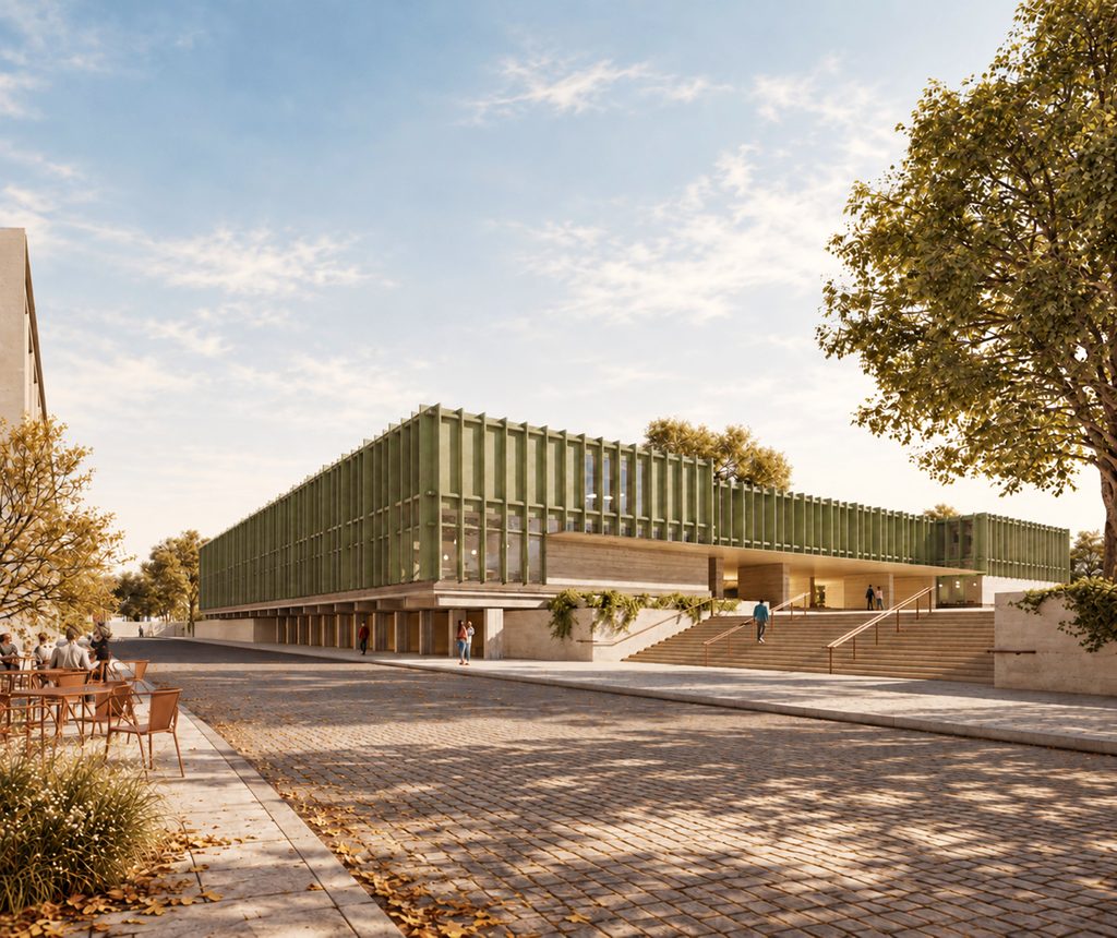 Exterior view of the new pavilion and public space at Faculdade de Letras, University of Lisbon