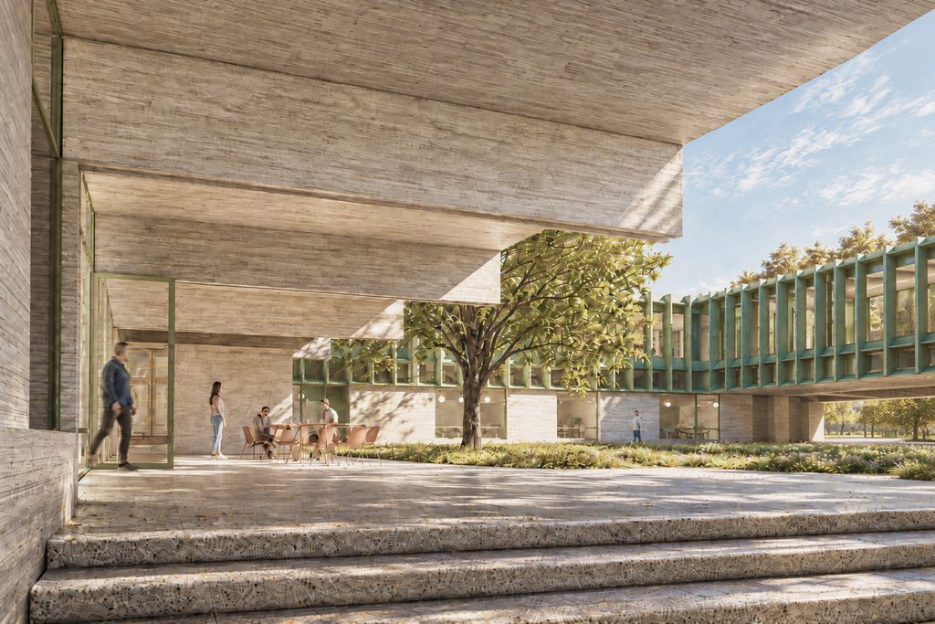 Covered public space and courtyard beside the new pavilion at Faculdade de Letras, Lisbon