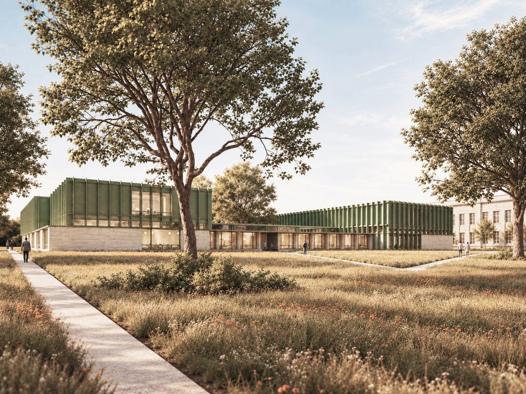 Landscaped pedestrian area alongside the new pavilion at Faculdade de Letras, Lisbon