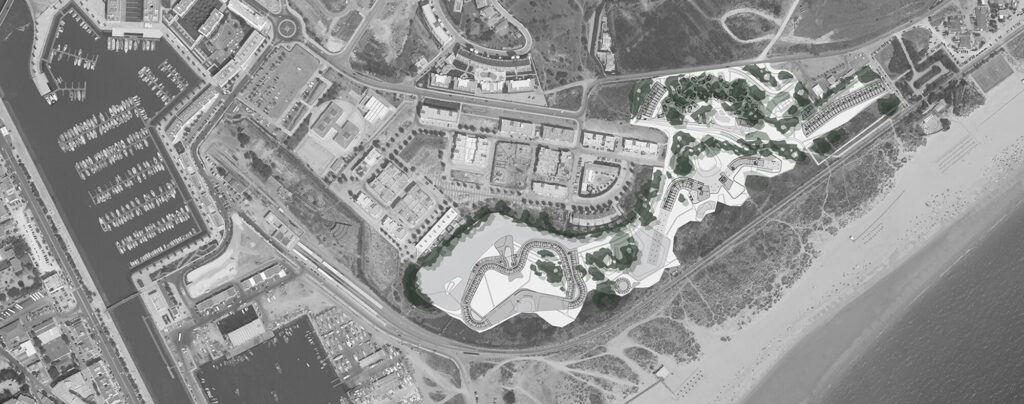 Aerial view showing the Grand Hotel site and surrounding landscape at Meia Praia, Lagos