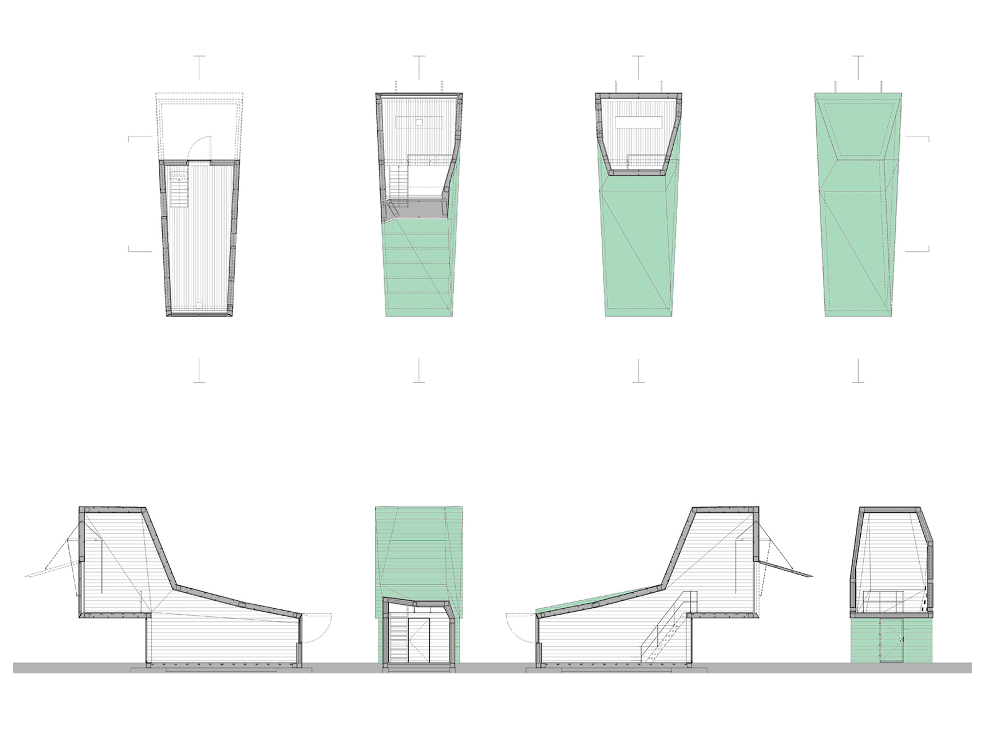 Architectural drawings of the Keeper’s House showing its changing form, floor plans and sections within the garden