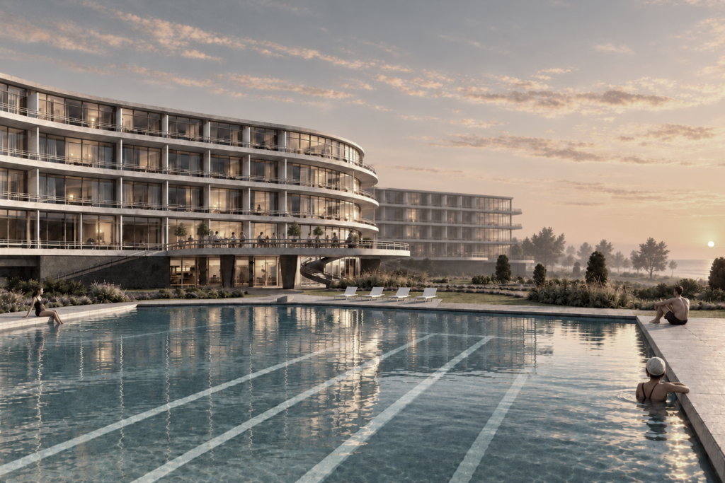 Exterior view of Pärnu Grand Hotel overlooking the pool and coastal landscape