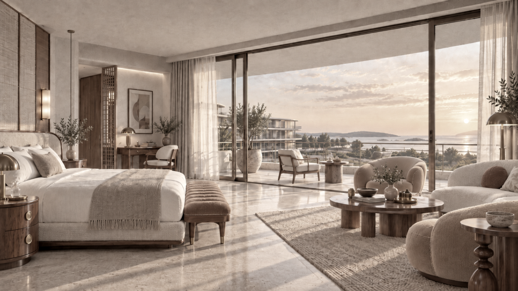 Guest room interior with panoramic views at Pärnu Grand Hotel