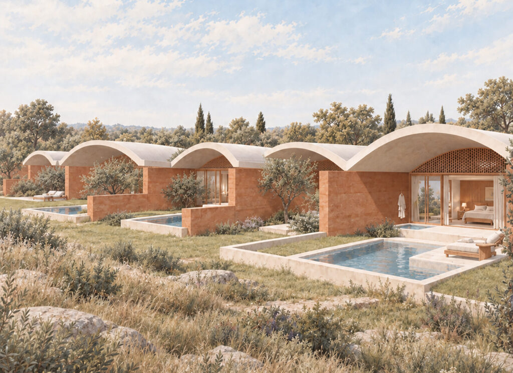 Guest villas with private pools and vaulted roofs at Herdade da Boina Hotel, Portimão