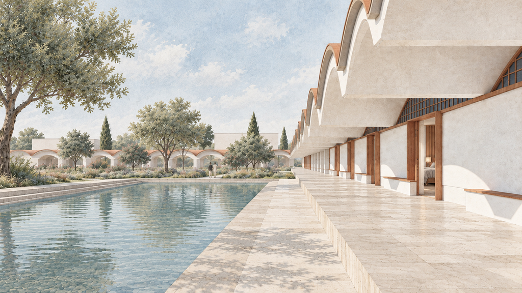 Swimming pool and shaded colonnade at Herdade da Boina Hotel, Portimão