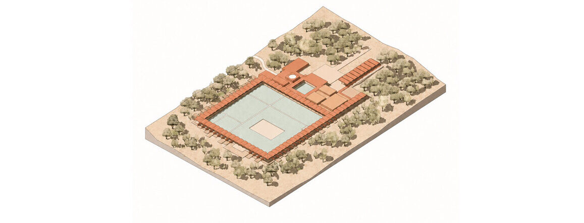 Aerial view of Herdade da Boina Hotel organised around a central courtyard, Portimão