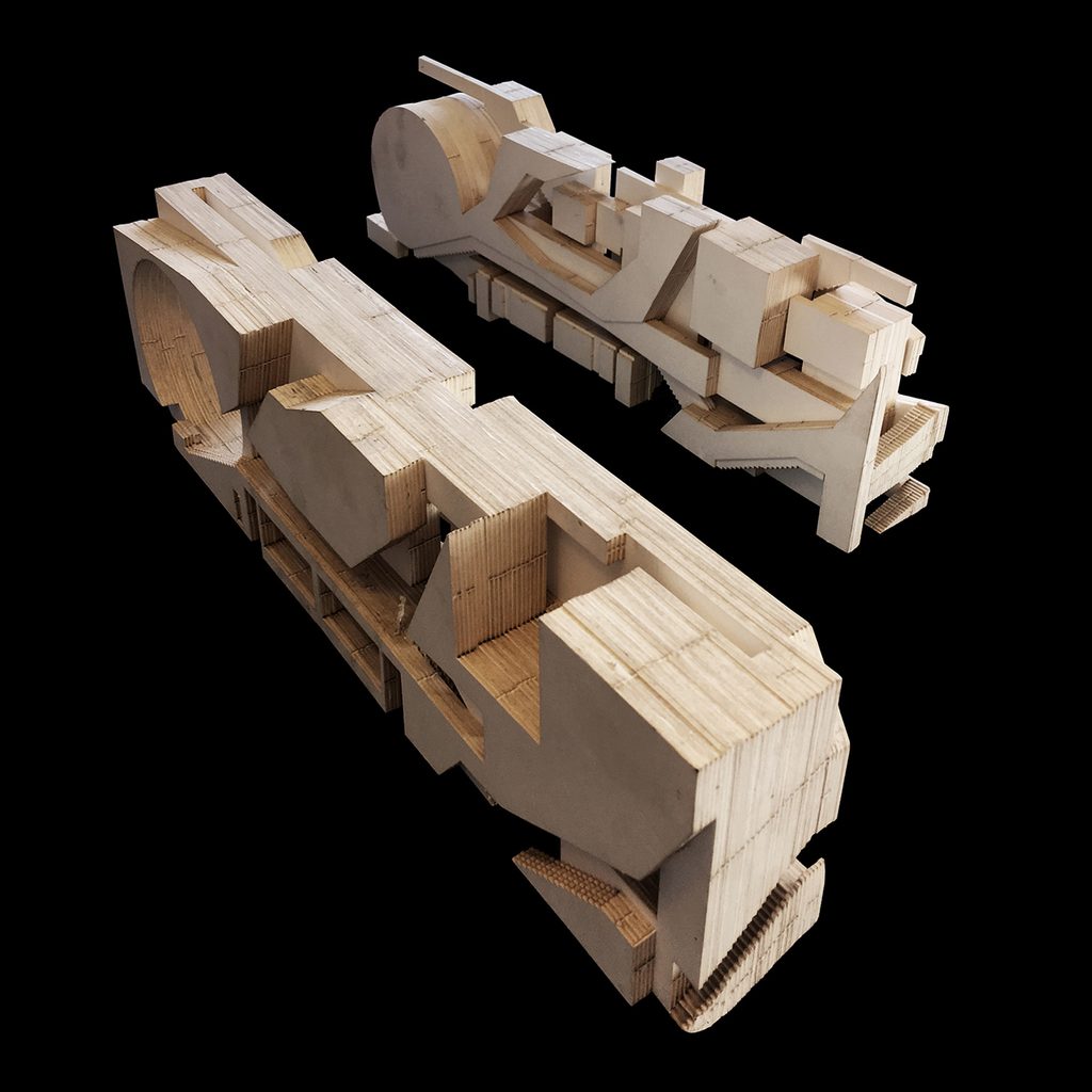 Physical model of the Objectos Cruzados installation showing the interconnected volumes