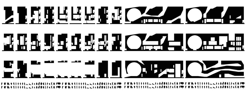 Diagram of the Objectos Cruzados installation showing the five interlocking exhibition spaces