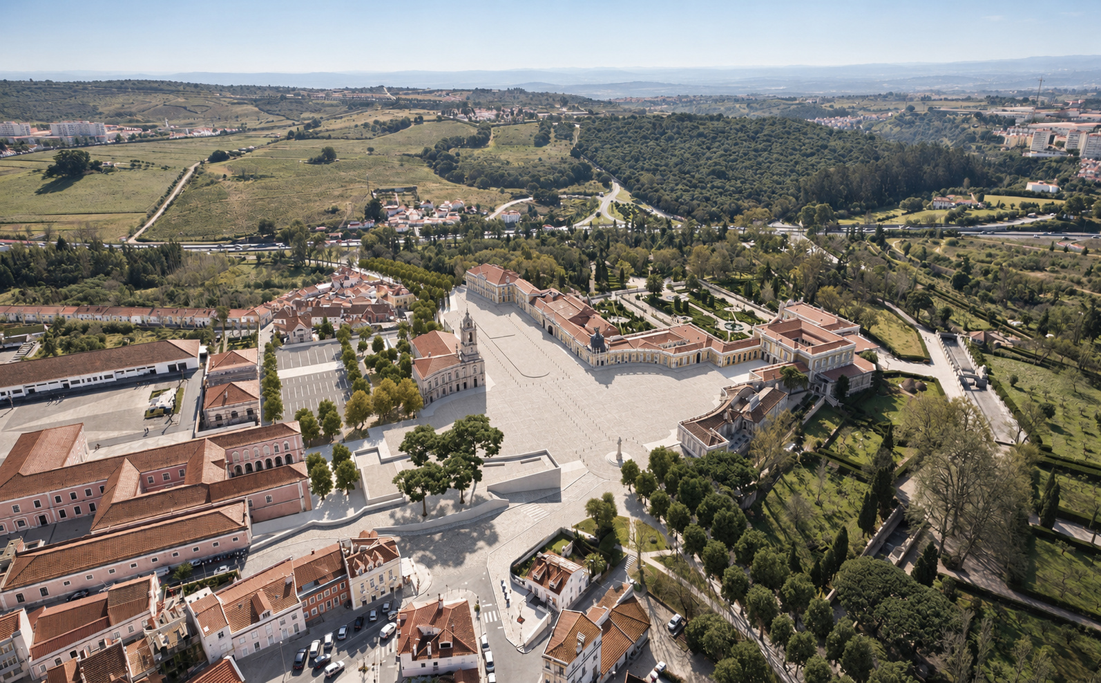 Aerial view of Queluz National Palace, gardens and surrounding urban fabric