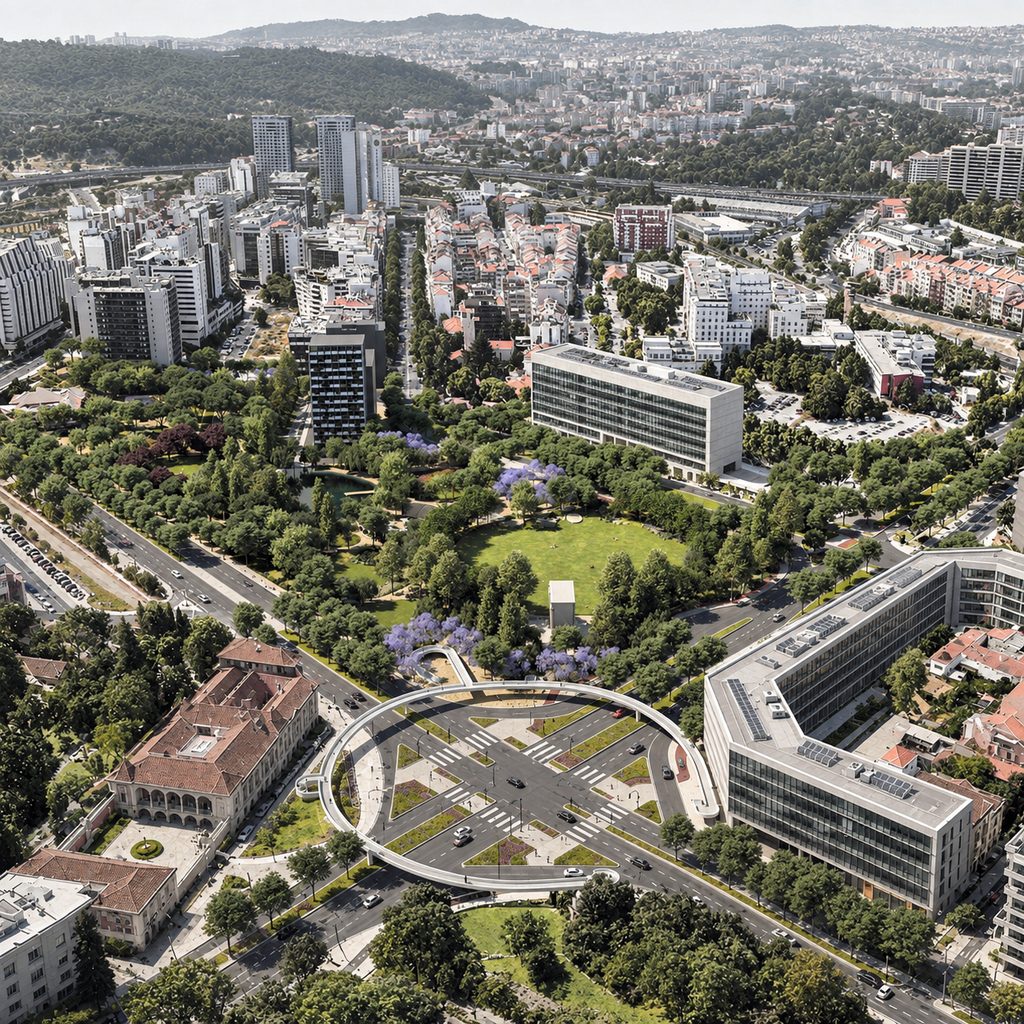 Aerial view of Praça de Espanha Urban Park within the surrounding Lisbon urban fabric 