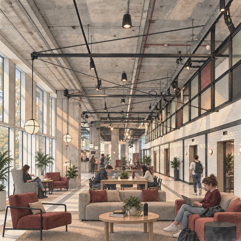 Communal living area within the Fergráfica Student Residence