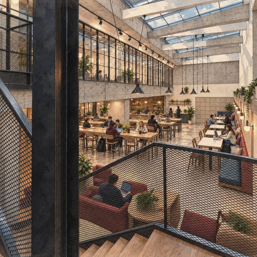 Shared social space overlooking the interior of the Fergráfica Student Residence
