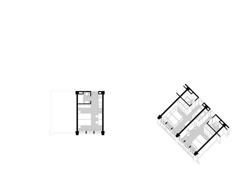 Diagram showing the different room and apartment typologies at the Fergráfica Student Residence