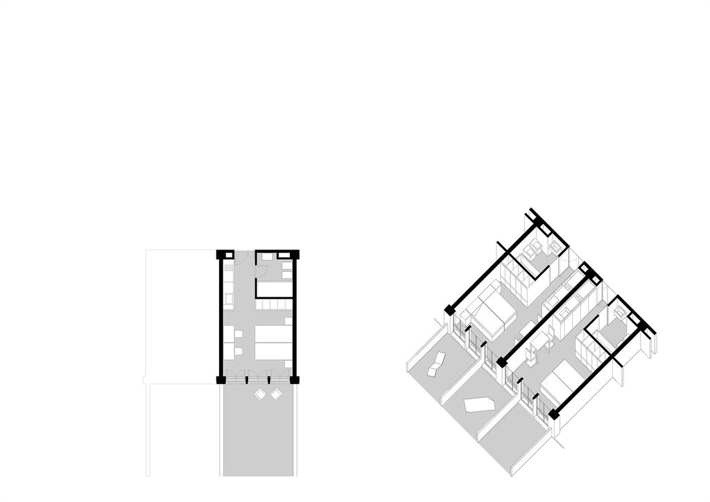 Diagram showing the different room and apartment typologies at the Fergráfica Student Residence