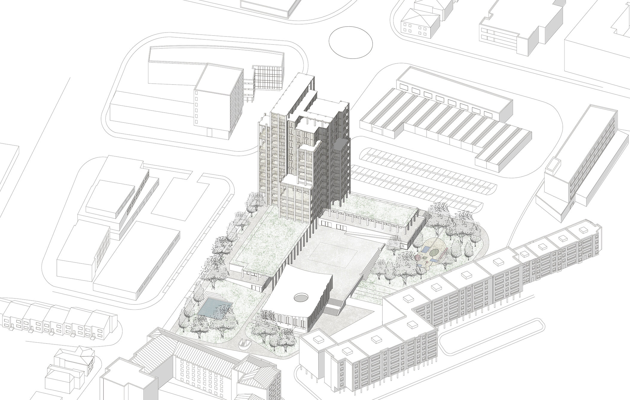 Axonometric view of Lusíadas Square showing the residential tower, public space and surrounding urban fabric, Oeiras